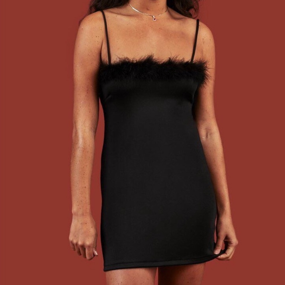 UNIF Romy Dress Black Feather Trim Mini Small
